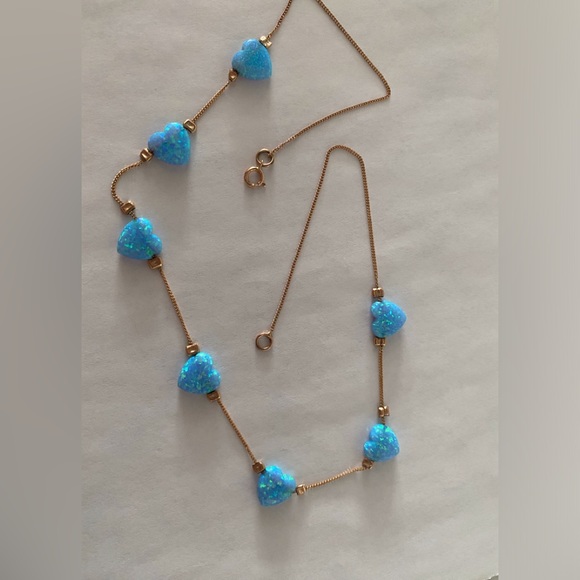 14K Gold Necklace with Turquoise Blue Hearts - Unique! - Picture 2 of 10
